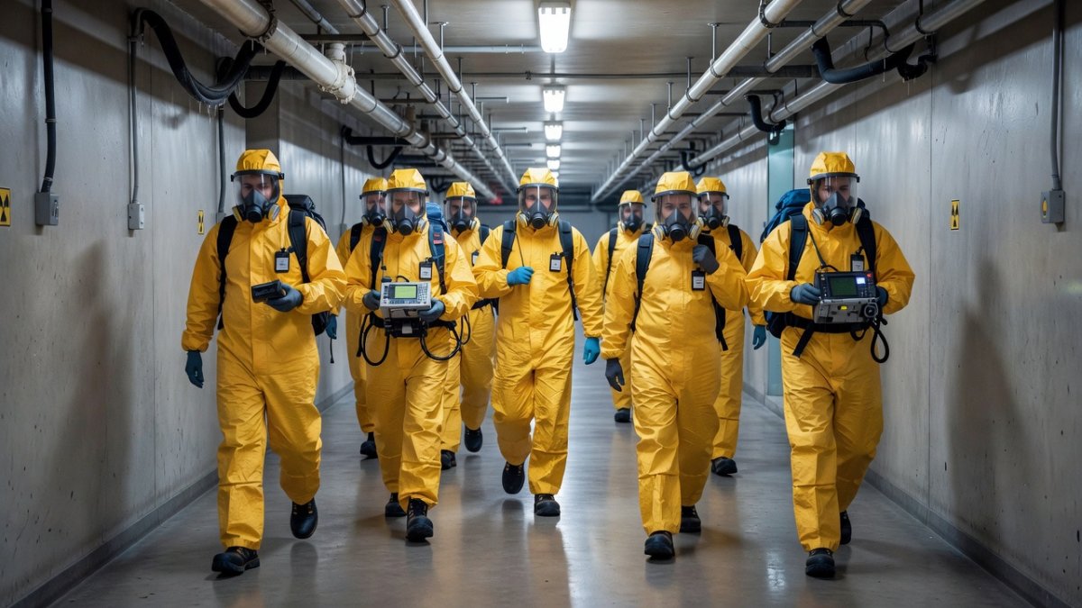IAEA inspectors with monitoring equipment at a nuclear facility