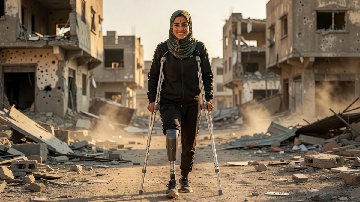 Close-up portrait of a young Palestinian woman amputee athlete on crutches, smiling with determination in Gaza