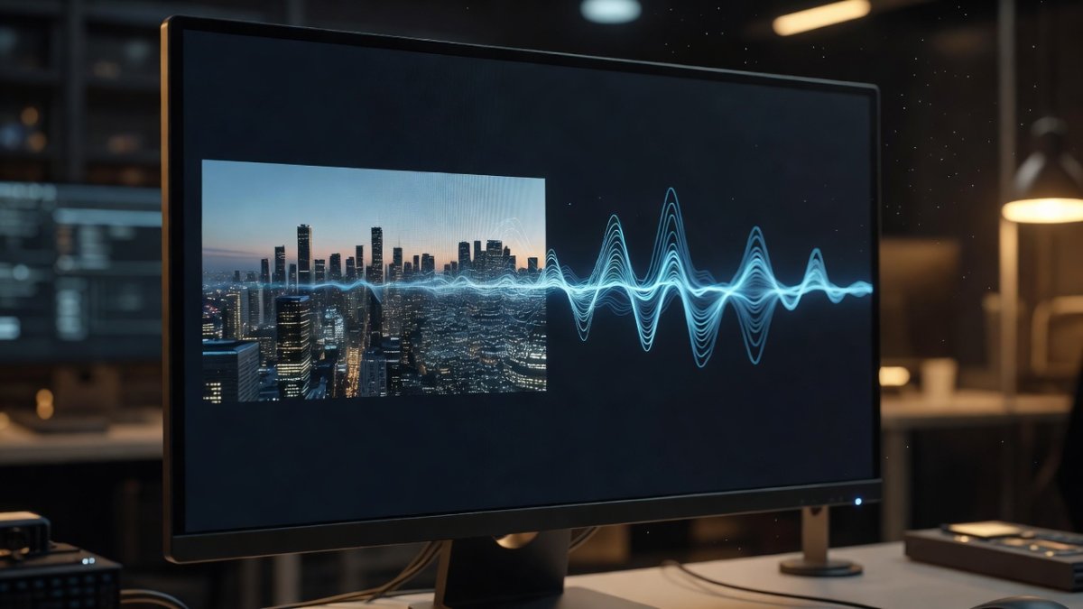 AI image-to-video generation with audio waveform on monitor