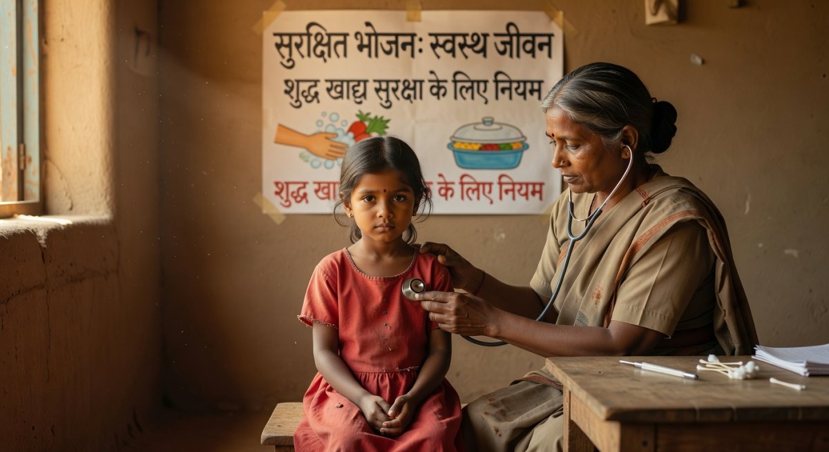 Rural health worker examining a child in India with food safety awareness