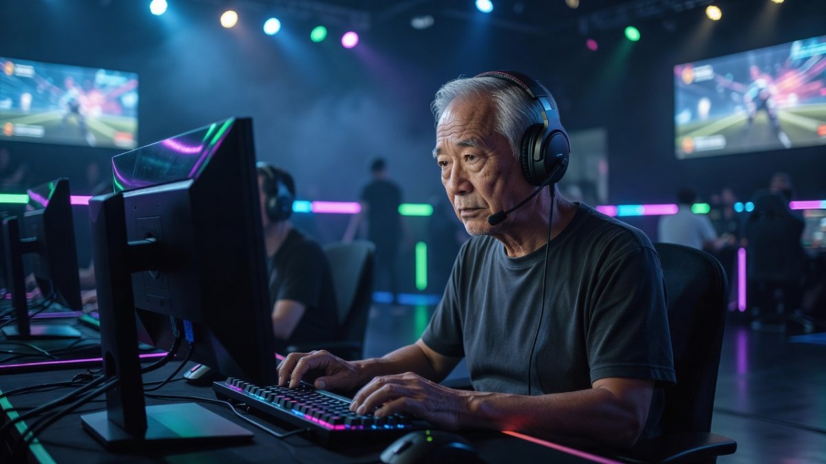 Close-up of senior esports competitor reviewing match statistics on a monitor