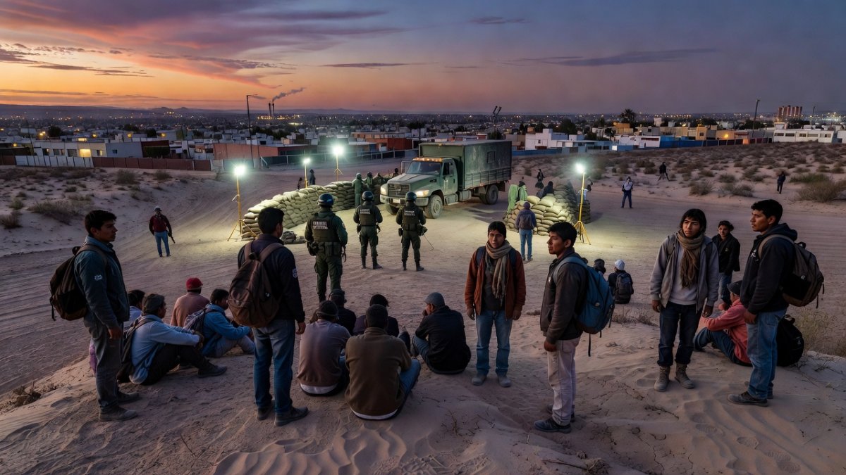 Guardia Nacional checkpoint near the Mexico-US border in the desert landscape