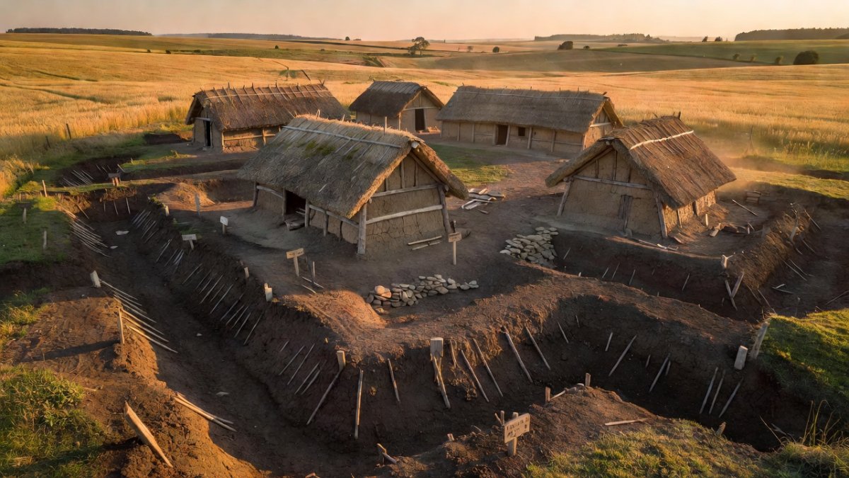 Neolithic settlement reconstruction showing longhouses and defensive ditch system