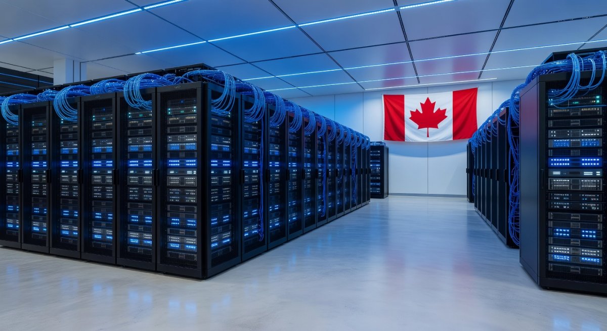 Modern AI data centre in Canada with server racks and Canadian flag