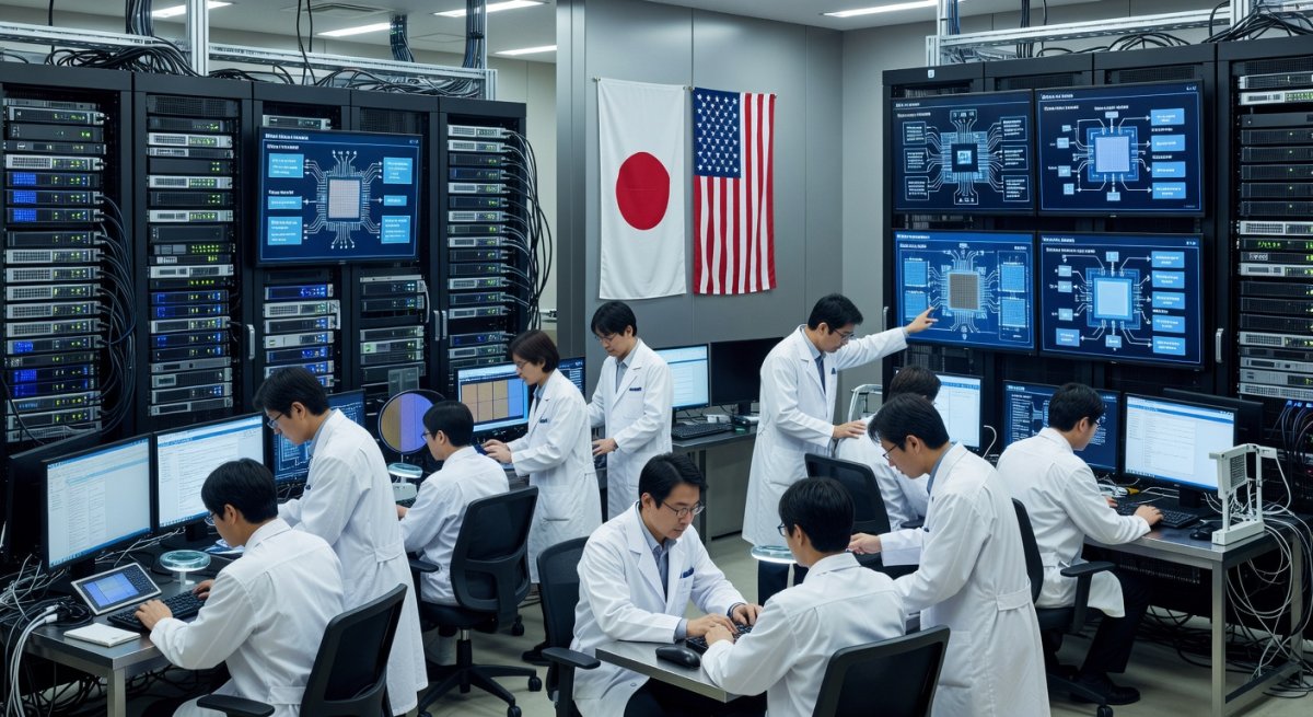 Modern Tokyo technology research center with Japan and US flags and engineers working on AI and semiconductor development