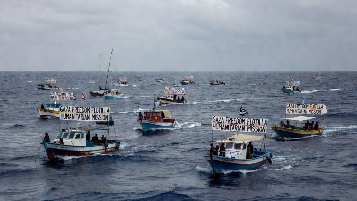 Gaza Freedom Flotilla vessels at sea on humanitarian mission