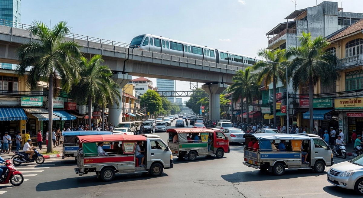 Bangkok street with BTS Skytrain elevated railway and traditional songtaew vehicles below