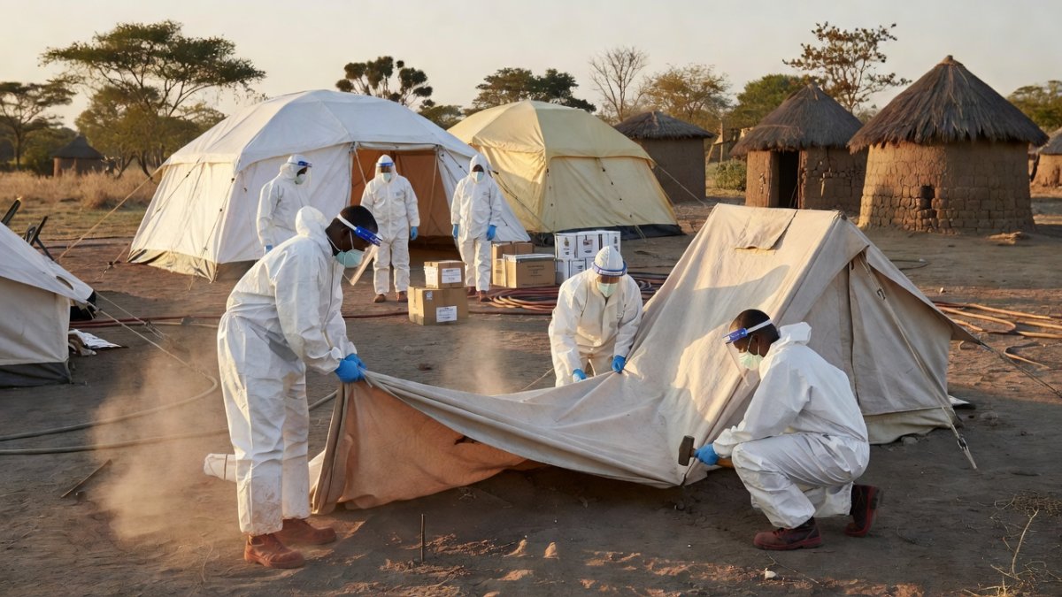 WHO health workers and medical tents at an Ebola treatment centre in a rural African village