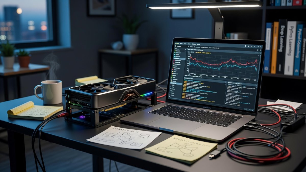 Desk setup with graphics card and laptop demonstrating AI model training capabilities