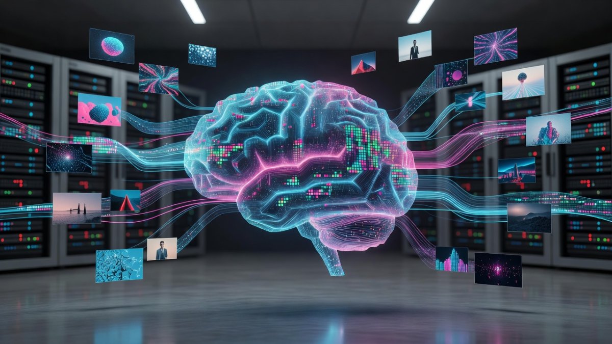 Abstract digital AI concept with flowing data streams and image frames