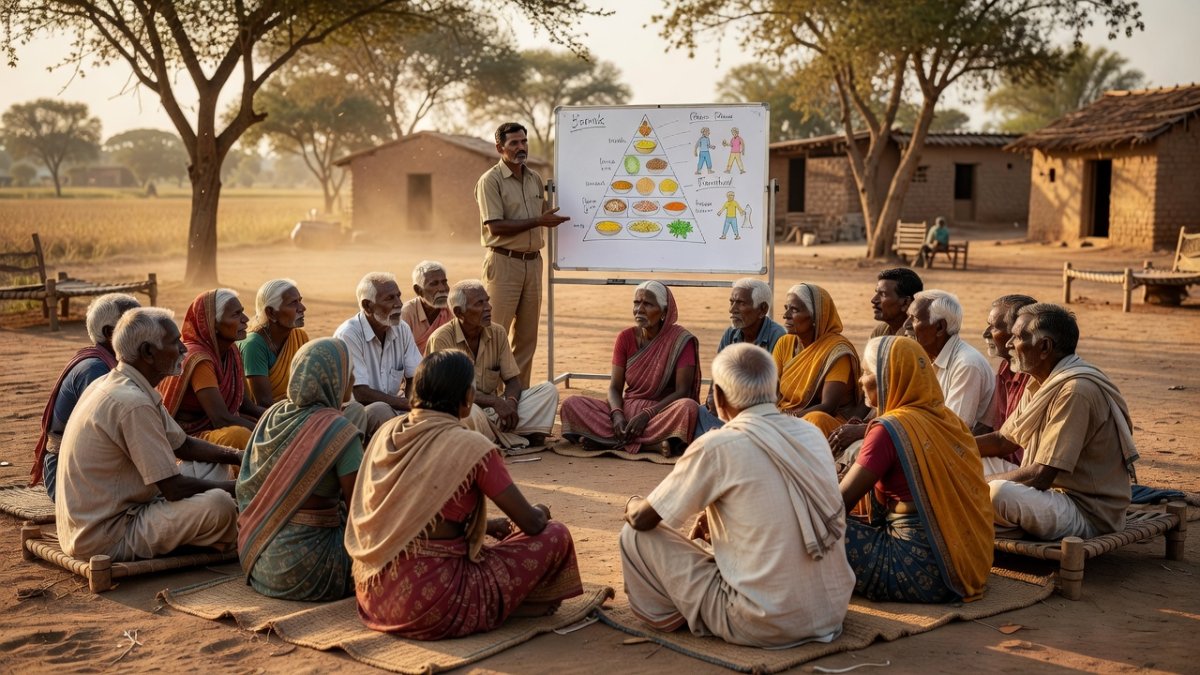 Rural Telangana community discussing dietary diversity at local health camp