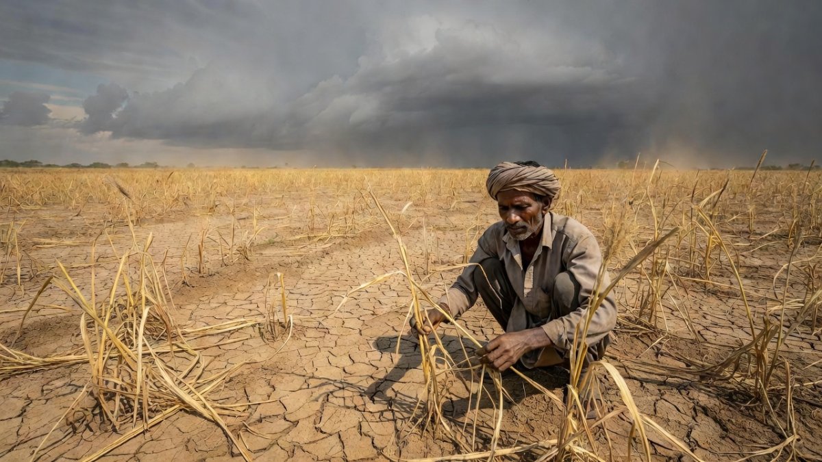 Dry cracked farmland in rural India with farmer examining withered crops under drought conditions