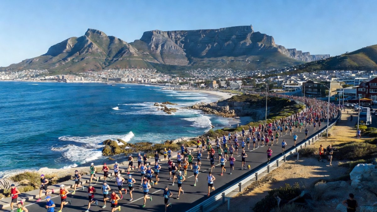 Aerial view of Cape Town marathon route along the Atlantic Seaboard with Table Mountain backdrop