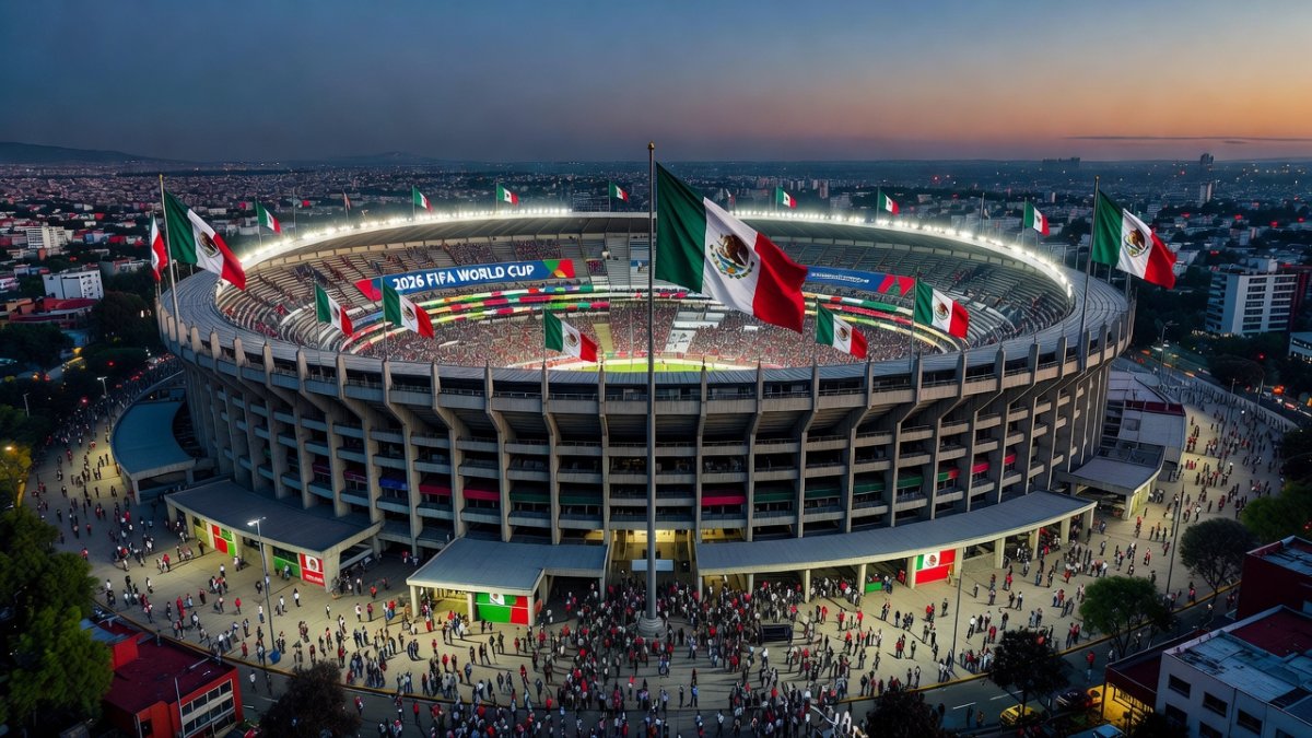 Estadio Azteca lit up for the 2026 FIFA World Cup in Mexico City