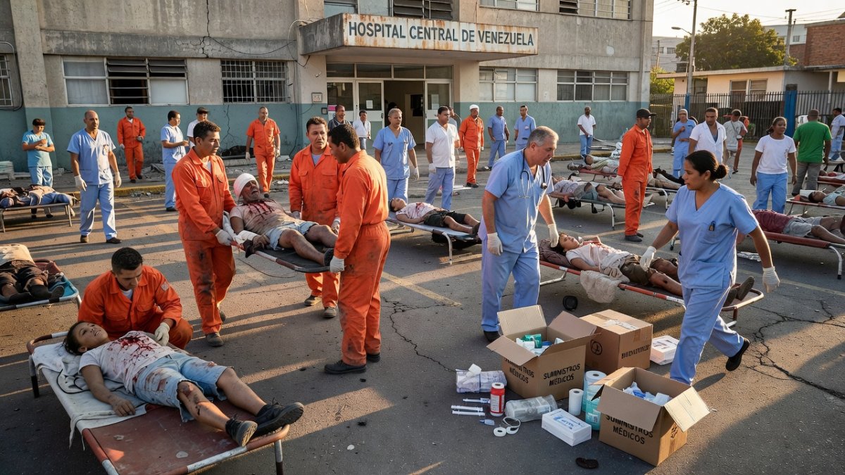 Rescue workers and medical staff treating earthquake victims at an overwhelmed hospital in Venezuela