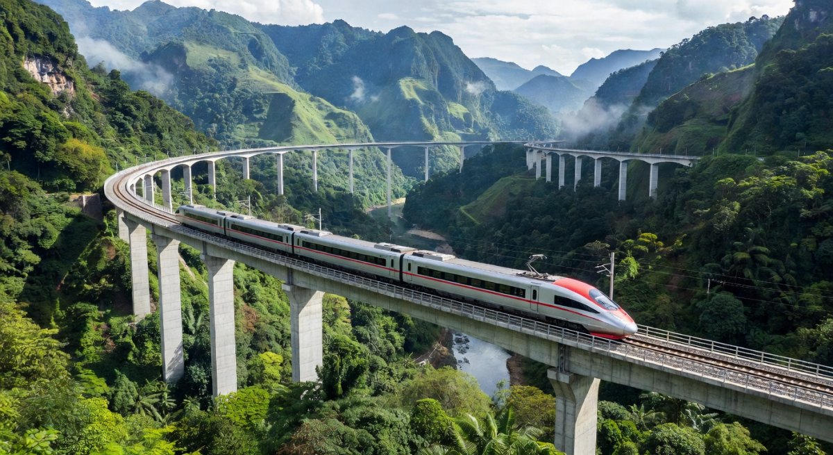 High-speed train on the China-Laos Railway through mountainous Laos