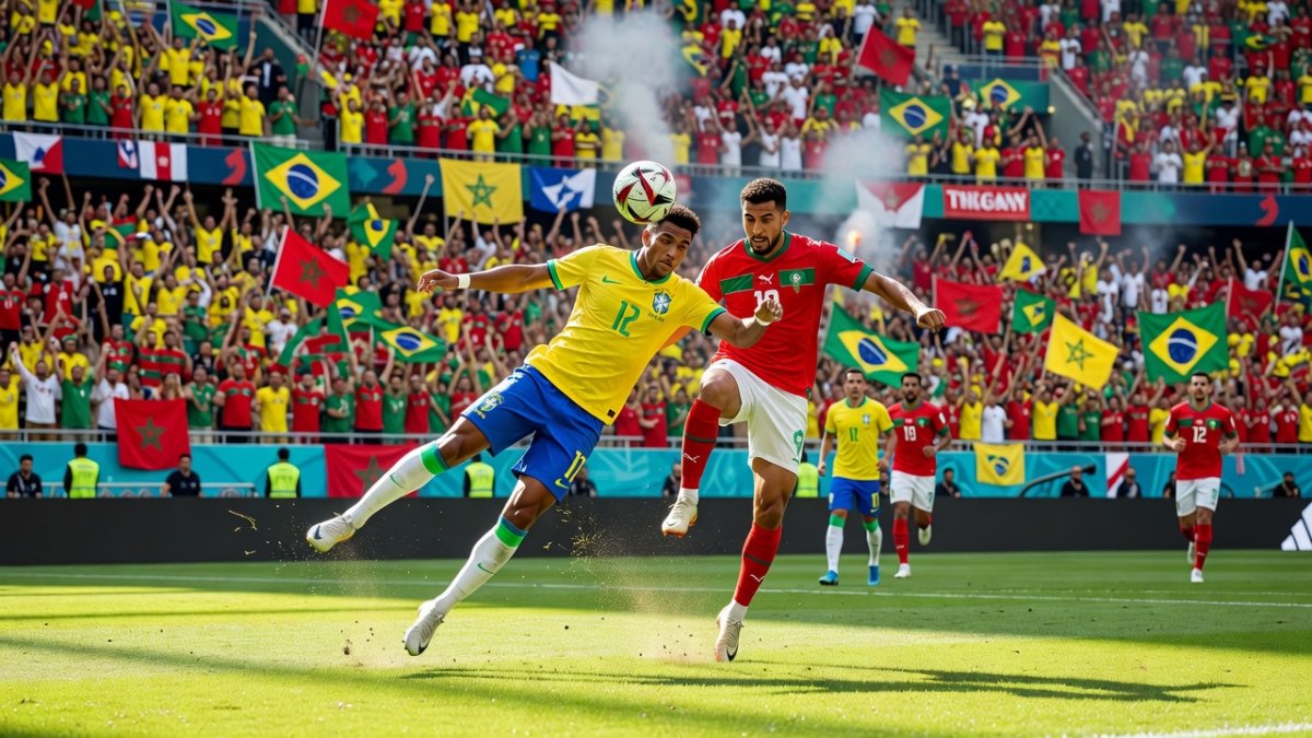 Brazil and Morocco players competing for the ball during the World Cup 2026 match
