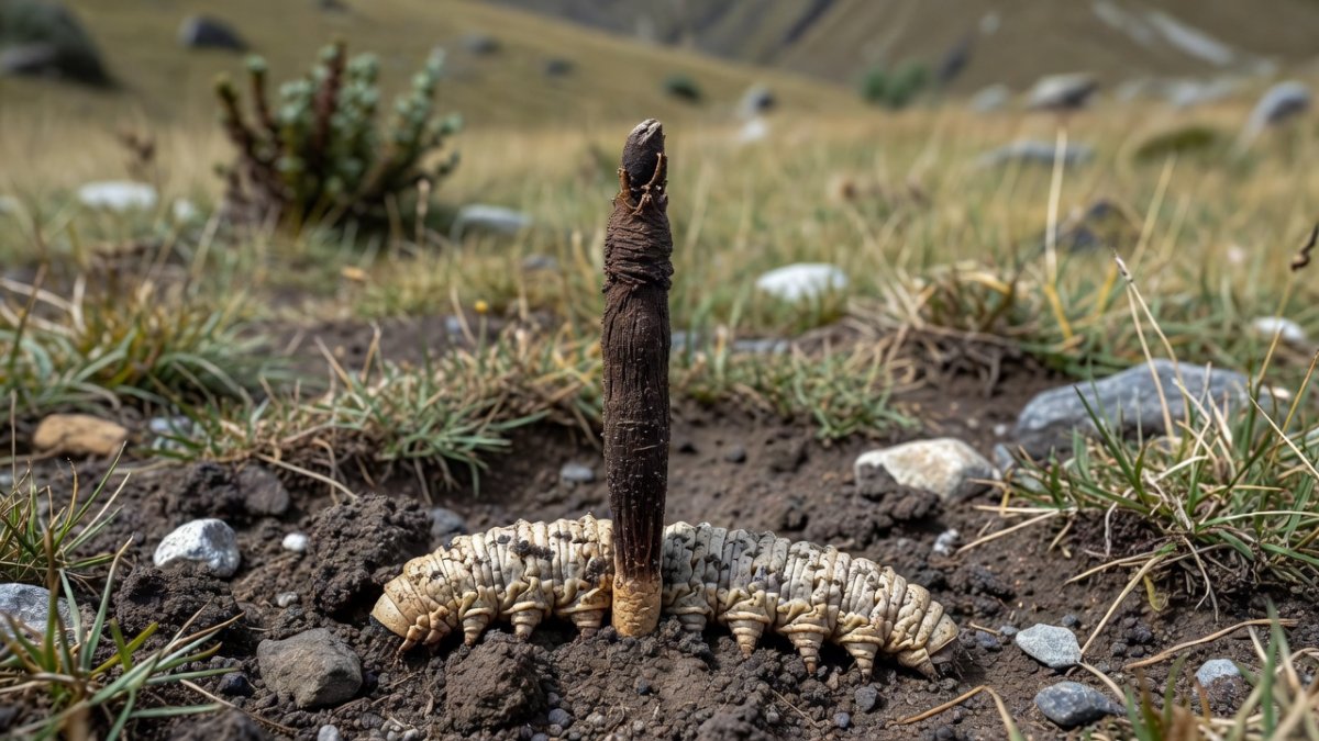 Close-up of Ophiocordyceps sinensis (Yarsa Gumba / caterpillar fungus) emerging from soil, showing the distinctive dark brown fruiting body