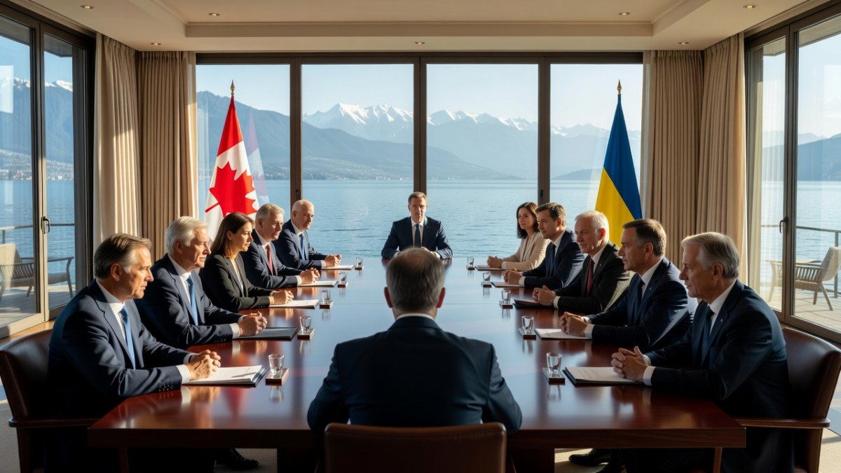 G7 leaders gather around a conference table at the Evian-les-Bains summit