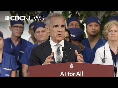 Prime Minister Mark Carney at the podium in Ottawa announcing the AI for All strategy