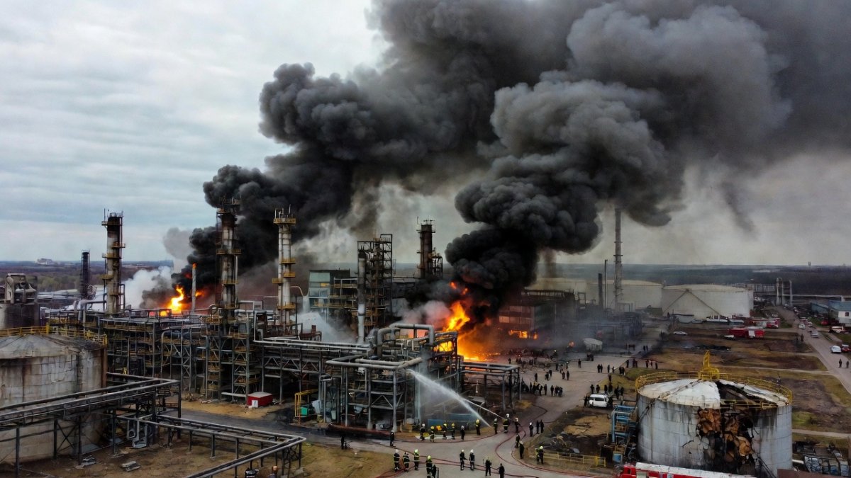 Smoke rises from an oil refinery fire on the outskirts of Moscow
