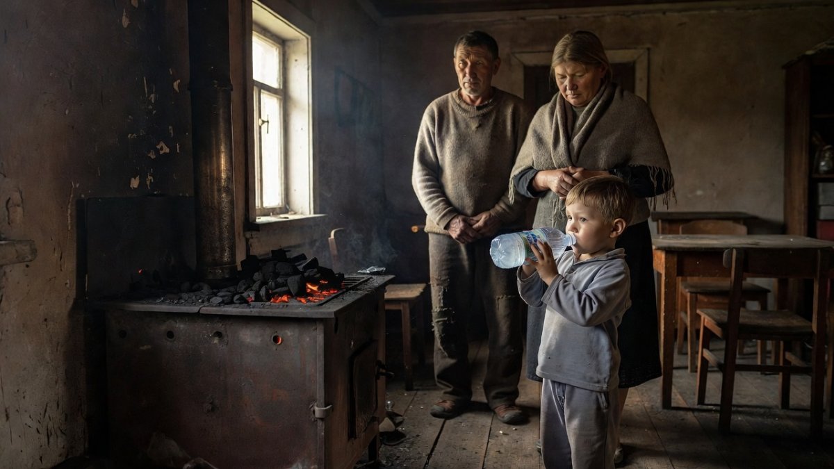 A family in a Siberian home reliant on coal-burning stoves for heating