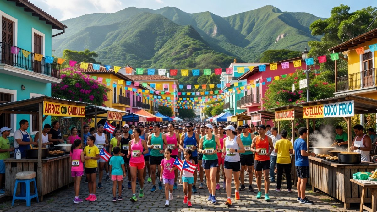 Community festival scene in Puerto Rico with 5K race participants, food stalls, and colourful decorations in mountain setting