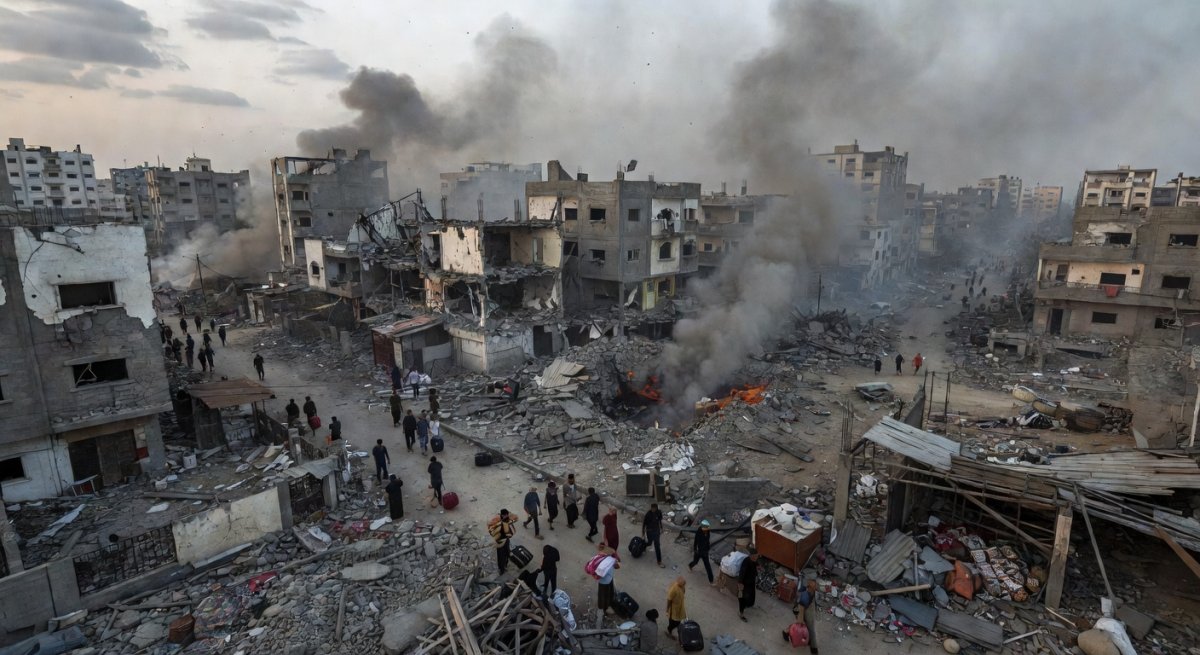 Destroyed residential buildings in Gaza City following Israeli airstrikes, June 2026