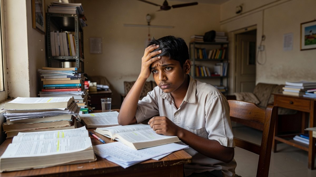 Stressed Indian adolescent student studying for board examinations at home