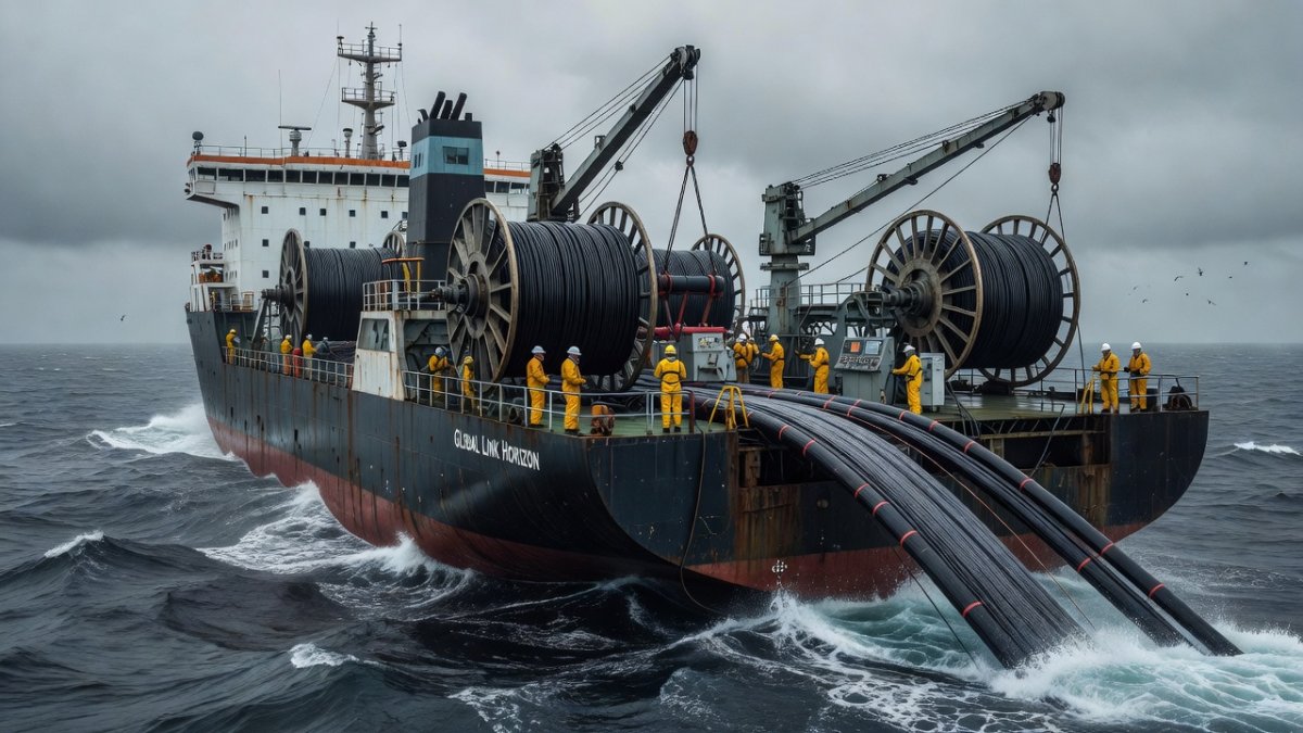 Cable-laying ship working on submarine fiber-optic cable maintenance at sea
