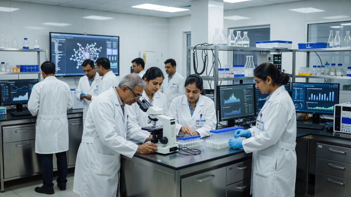 Indian researchers collaborating in high-tech laboratory