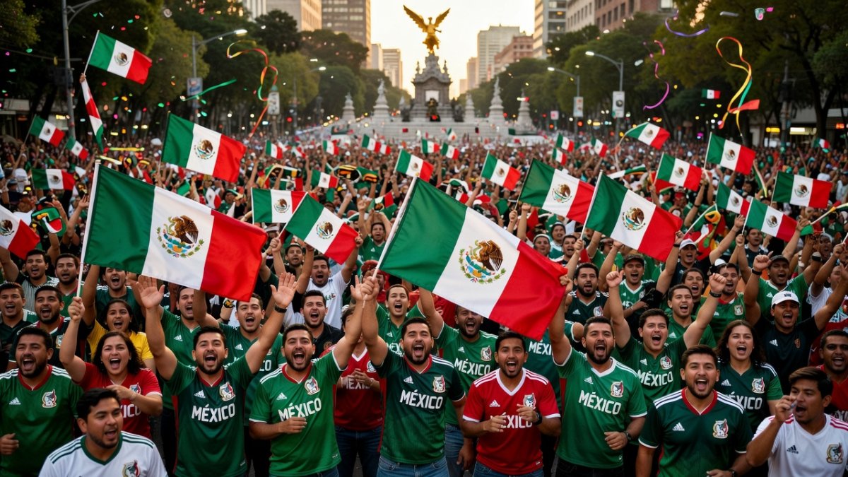 Thousands of fans celebrate at the Angel of Independence monument in Mexico City during the 2026 World Cup