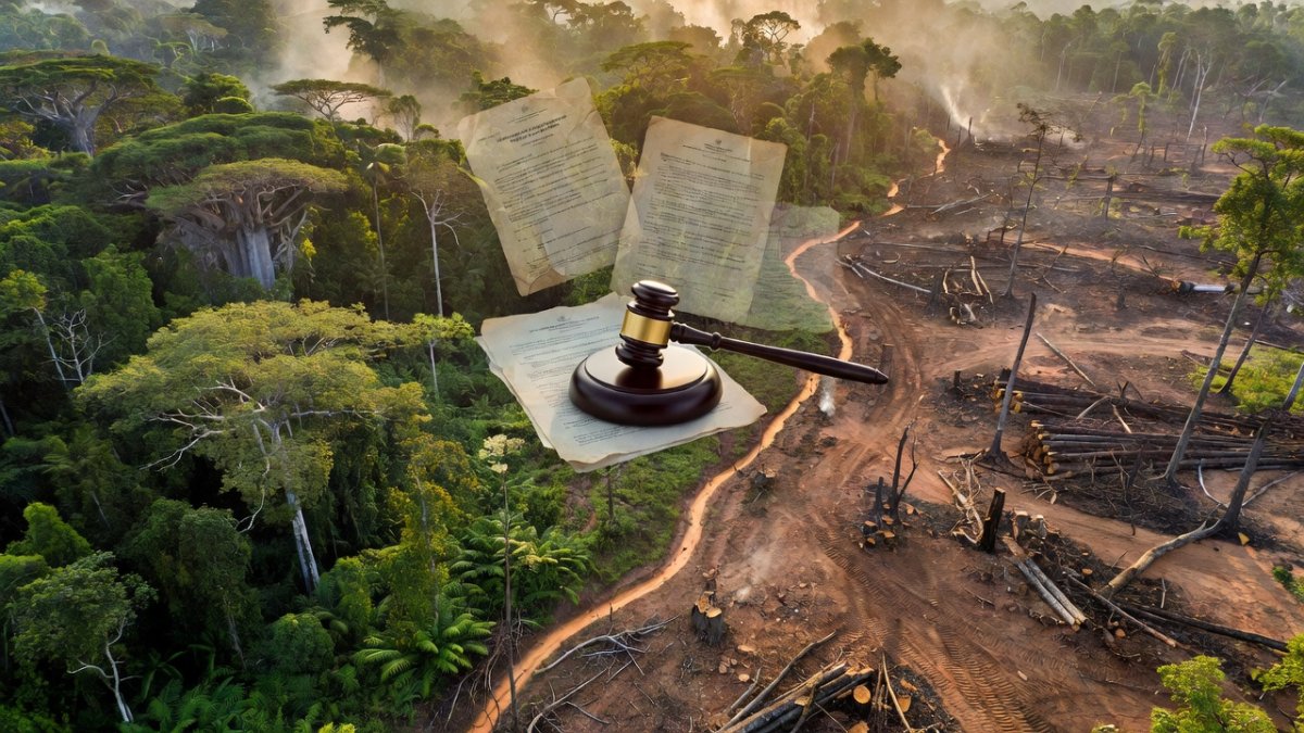 Amazon rainforest deforestation boundary with legal accountability concept