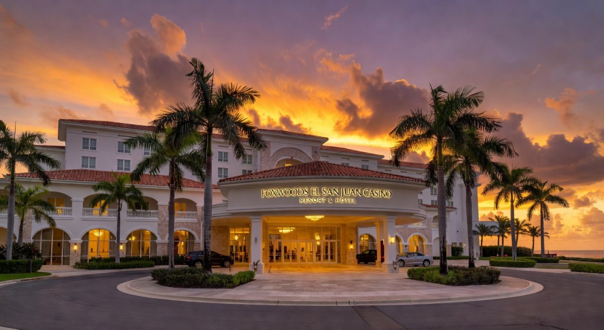 Foxwoods El San Juan Casino in Puerto Rico, a modern Caribbean resort with tropical landscaping