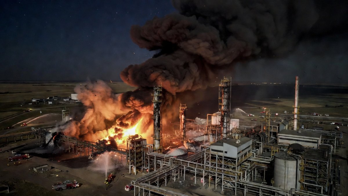 Smoke rising from an oil refinery fire after a drone strike in southern Russia