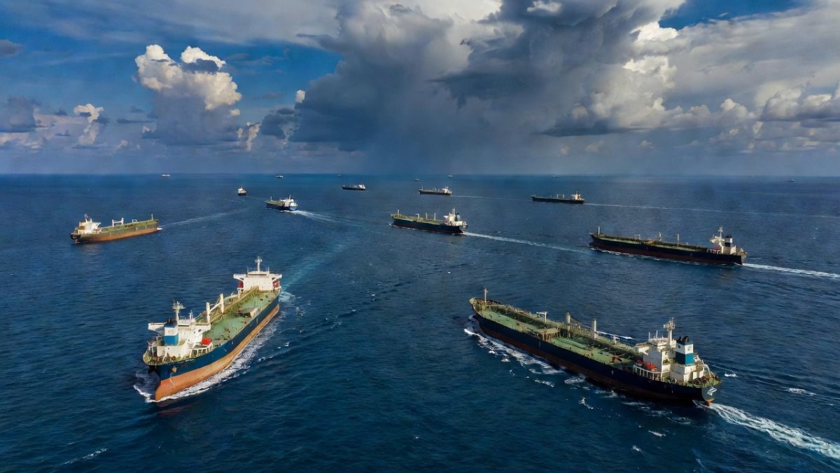 Strait of Hormuz with oil tankers passing through the strategic maritime chokepoint