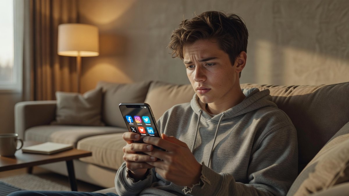 Canadian teenager using a smartphone with social media app icons, representing concerns over youth online safety