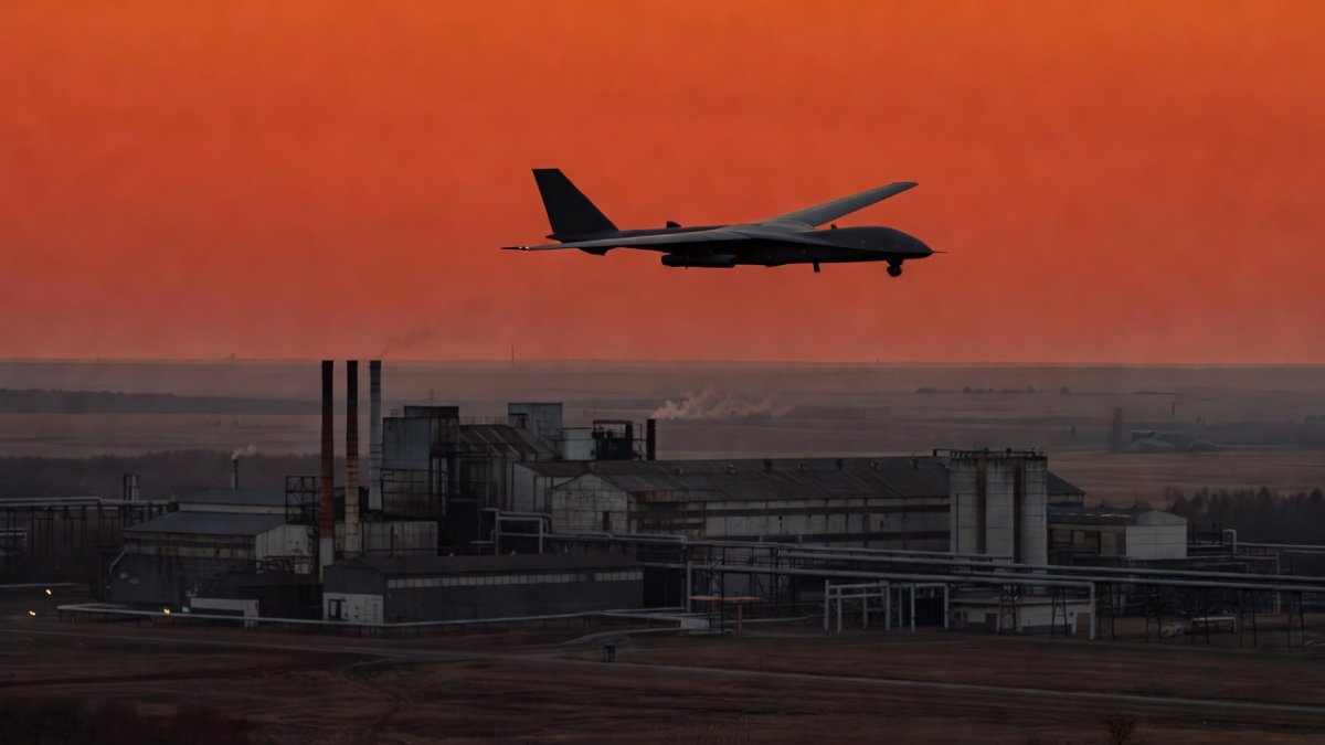 Ukrainian long-range drone over Russian industrial landscape