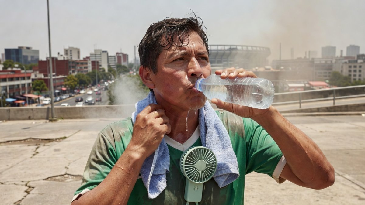 A football fan uses a cooling towel and drinks water outside a stadium in extreme heat, highlighting health risks at the 2026 World Cup