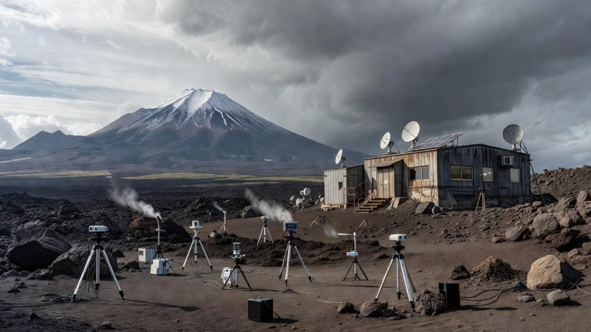 Mount Fuji volcano with scientific monitoring equipment in foreground showing Japan volcanic research infrastructure