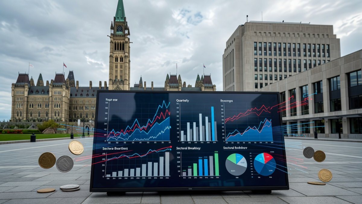 Parliament Hill in Ottawa with economic data analysis and Bank of Canada building