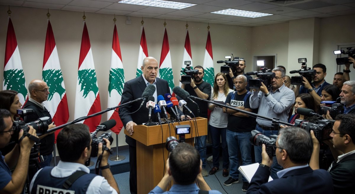 Hezbollah Secretary-General Naim Qassem addressing media in Beirut