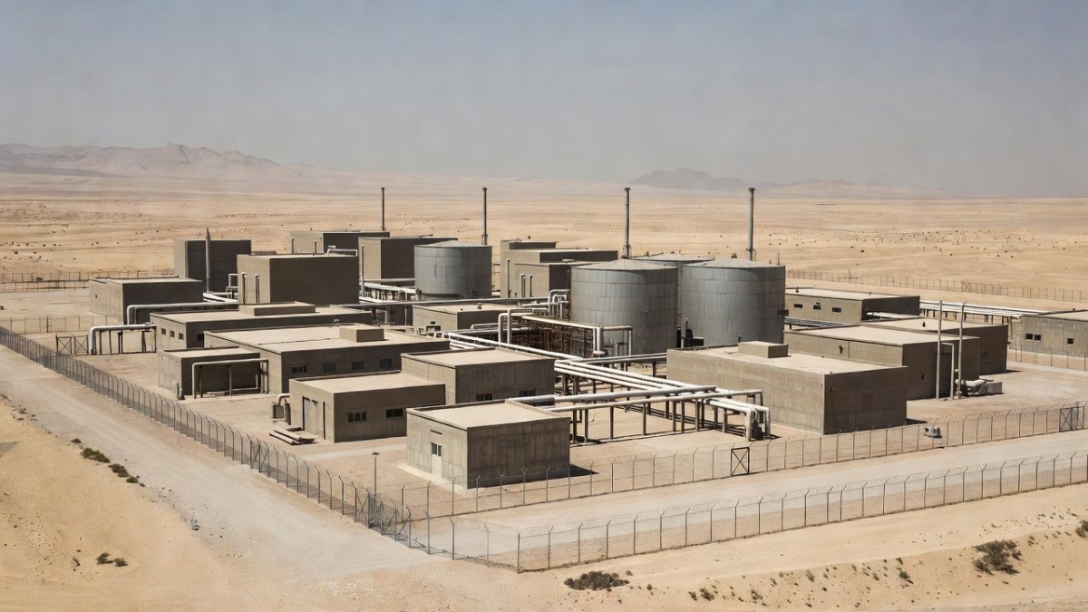 Iranian nuclear enrichment facility in the desert landscape