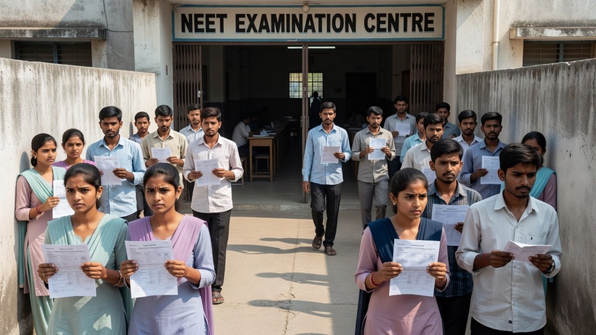 Medical aspirants queuing outside a NEET examination centre in India