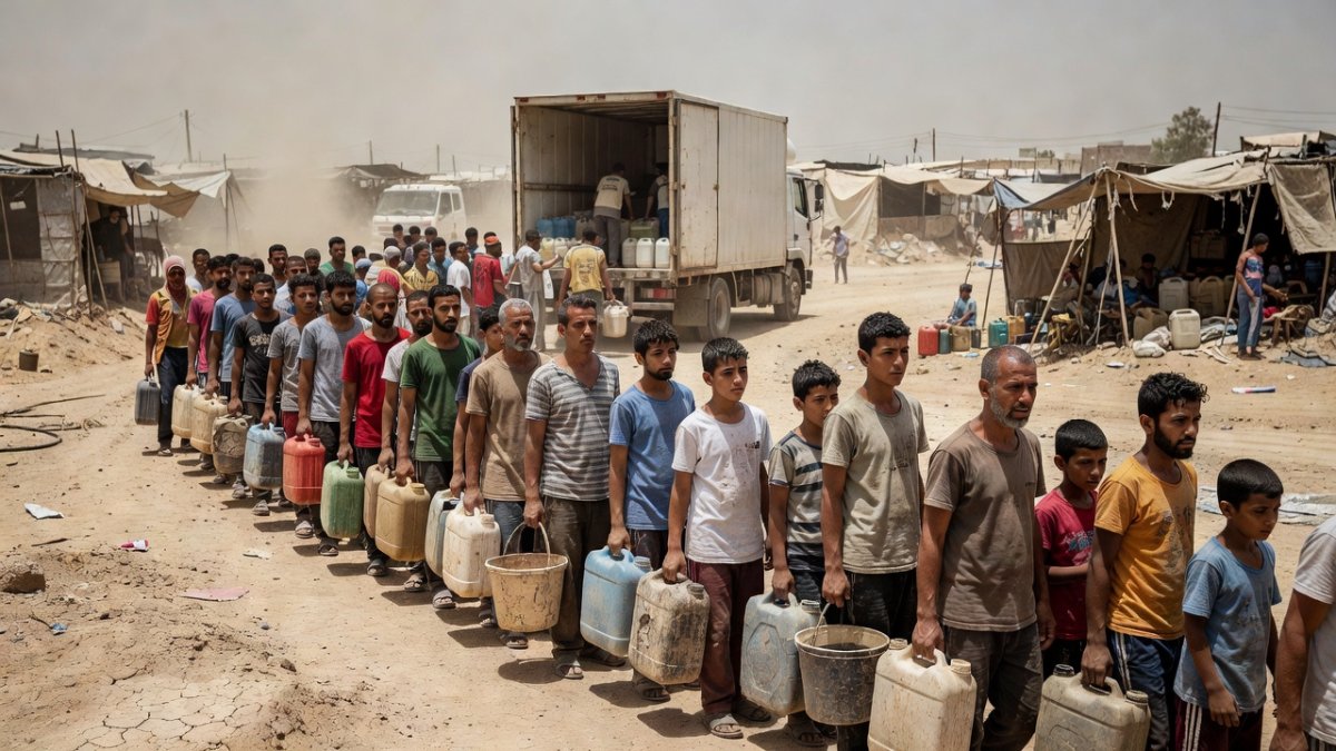 Aid workers distributing limited water supplies in a Gaza displacement camp