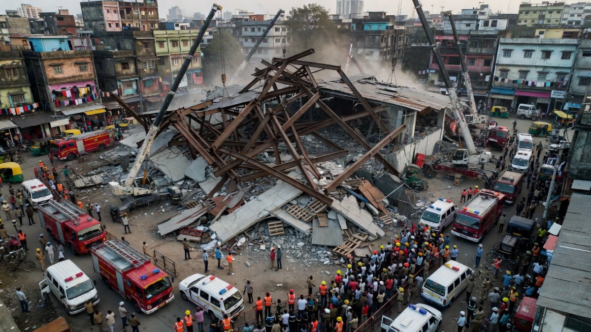 Aerial view of the collapsed warehouse structure in Taratala, Kolkata
