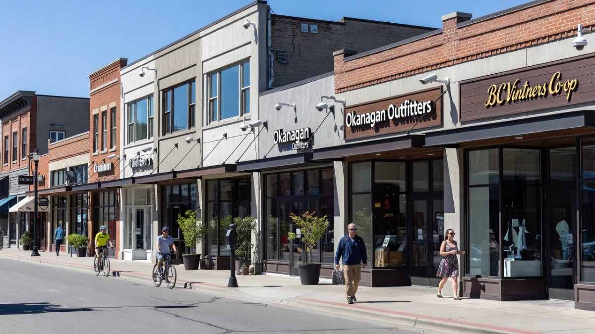 Downtown Kelowna retail street with security measures