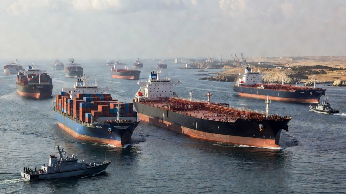Cargo shipping lanes in the Strait of Hormuz, critical to global oil supplies