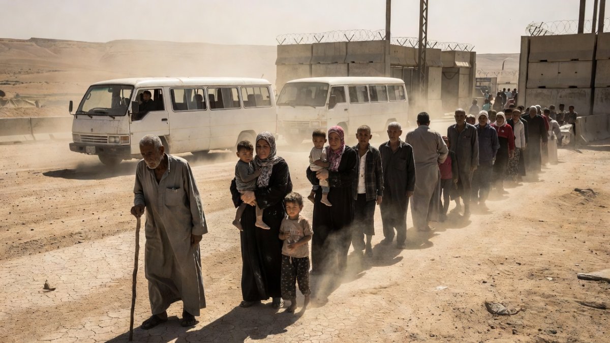 Palestinian travelers waiting at the Allenby Crossing in the Jordan Valley