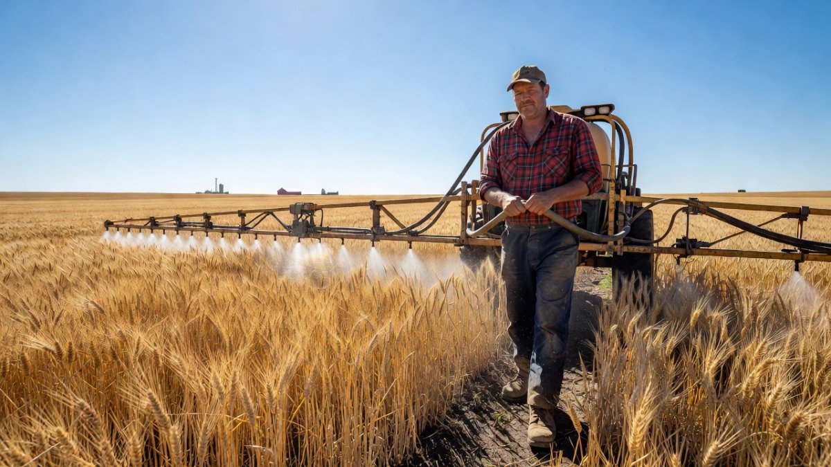 Canadian farmer spraying crops in an agricultural field